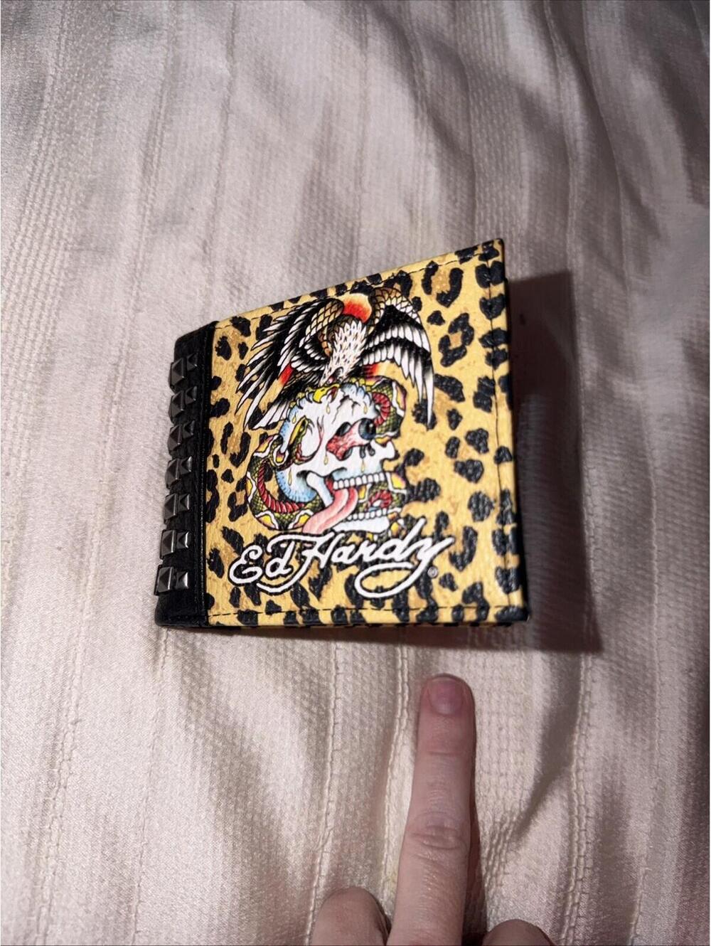 Ed Hardy Men's Leopard Print Skull With Studs Bifold Wallet Size One Size